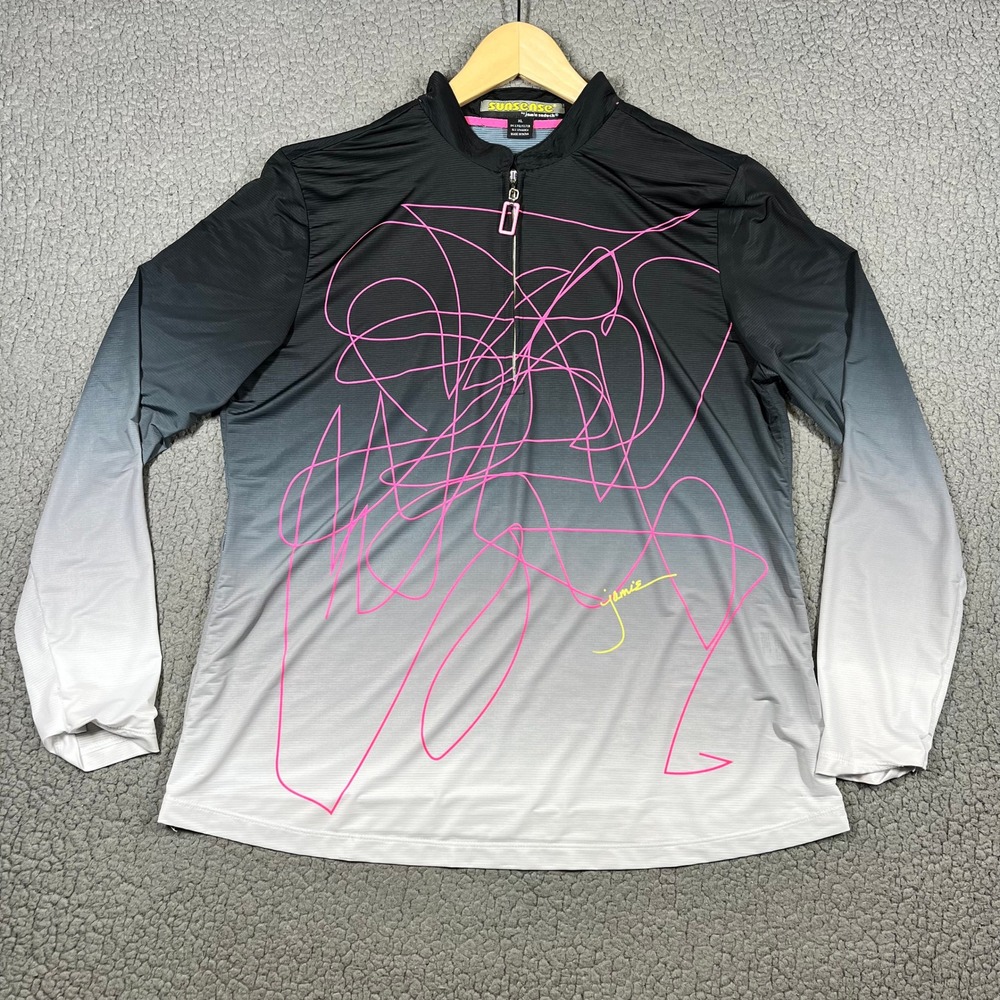 Jamie Sadock Sunsense Top Women XL Ombre Quarter Zip Pink Scribble Athleisure